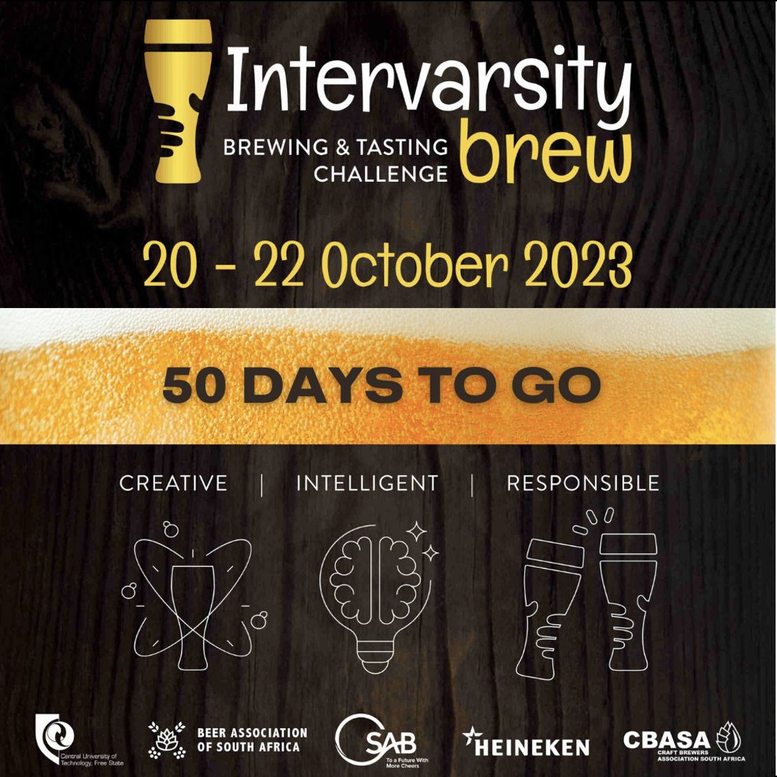 BeerSA_org's tweet photo. COUNTDOWN: 50 days to go to the Intervarsitybrew. Co-hosted by BASA and the Central University of Technology (CUT) the competition promotes craft brewing and beer culture in SA under the umbrella of responsible drinking. https://t.co/7ifrOW1XIq #intervarsitybrew #drinkresponsibly https://t.co/28XPsVHHXZ