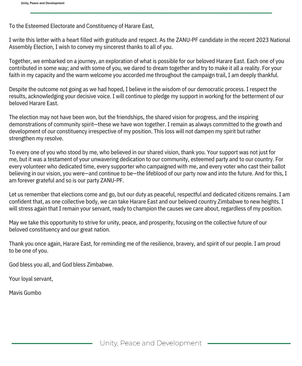 We tried in Harare East and the electorate decided otherwise. I can rest assured knowing that the country however is in the capable hands of our esteemed party ZANU-PF under the auspicious leadership of His Excellency ED Mnangagwa. Here is to 5 more years of prosperity and growth