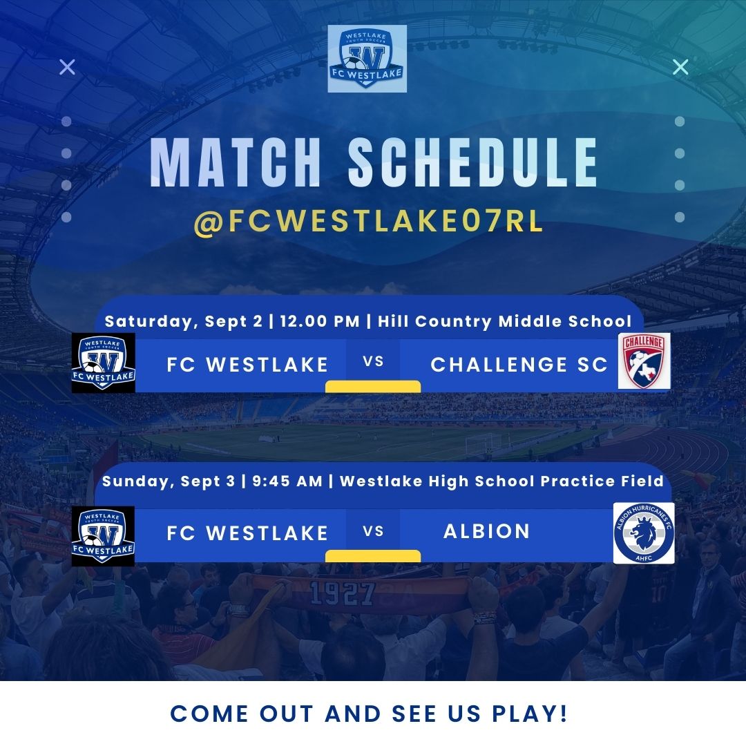 🚨Game Alert🚨
Week 2 is about to be underway!

Saturday
🆚 Challenge 07G RL
 ⏰  12:00 PM
📍Hill Country Middle School

Sunday
🆚 Albion 07G RL
 ⏰  9:45 AM
📍Westlake Practice Fields #1 &amp; #2

@fcwestlake <a href="/ECNLgirls/">ECNL Girls</a> <a href="/EcnlTexas/">ECNL Girls Texas Conference</a> <a href="/ImYouthSoccer/">ECNL/GA/Recruiting/College Soccer</a> <a href="/ImCollegeSoccer/">College Soccer Truth ™</a> <a href="/PrepSoccer/">Prep Soccer ⚽️</a>