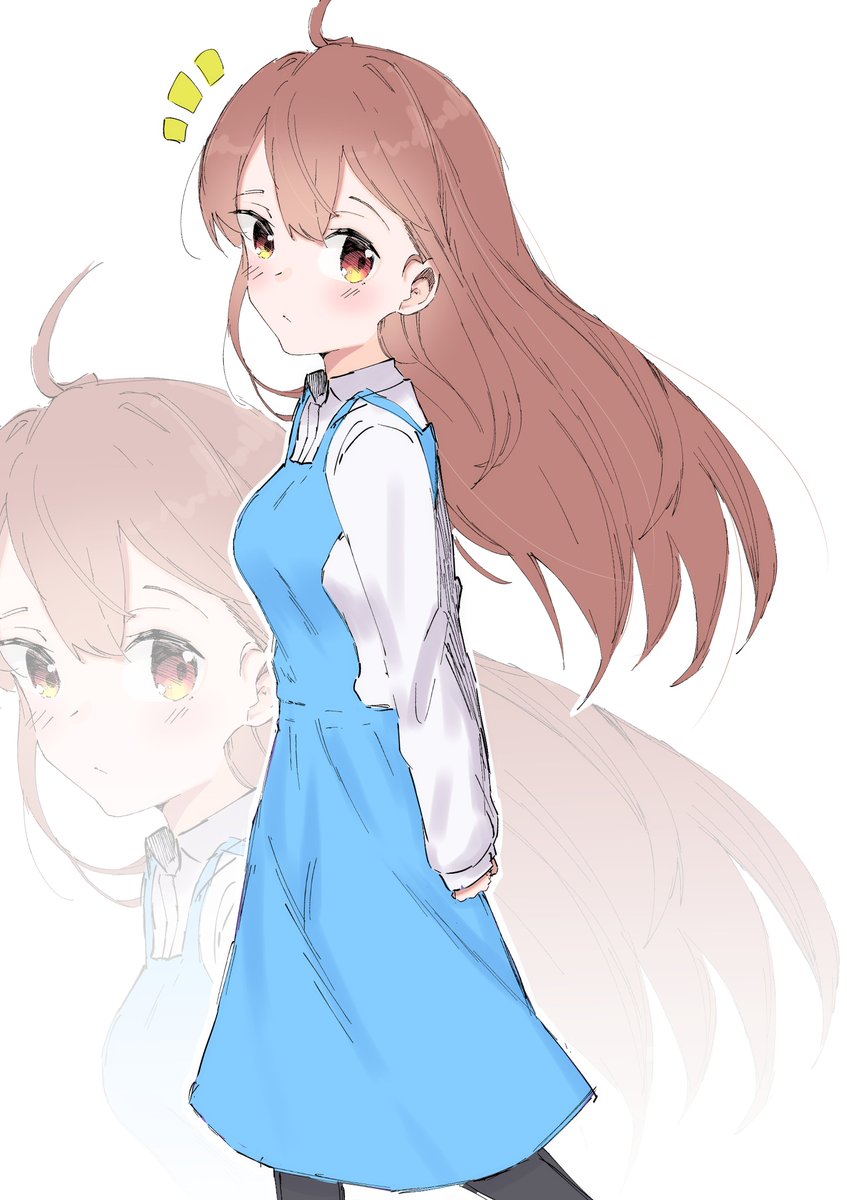 1girl long hair brown hair ahoge solo shirt blue dress  illustration images