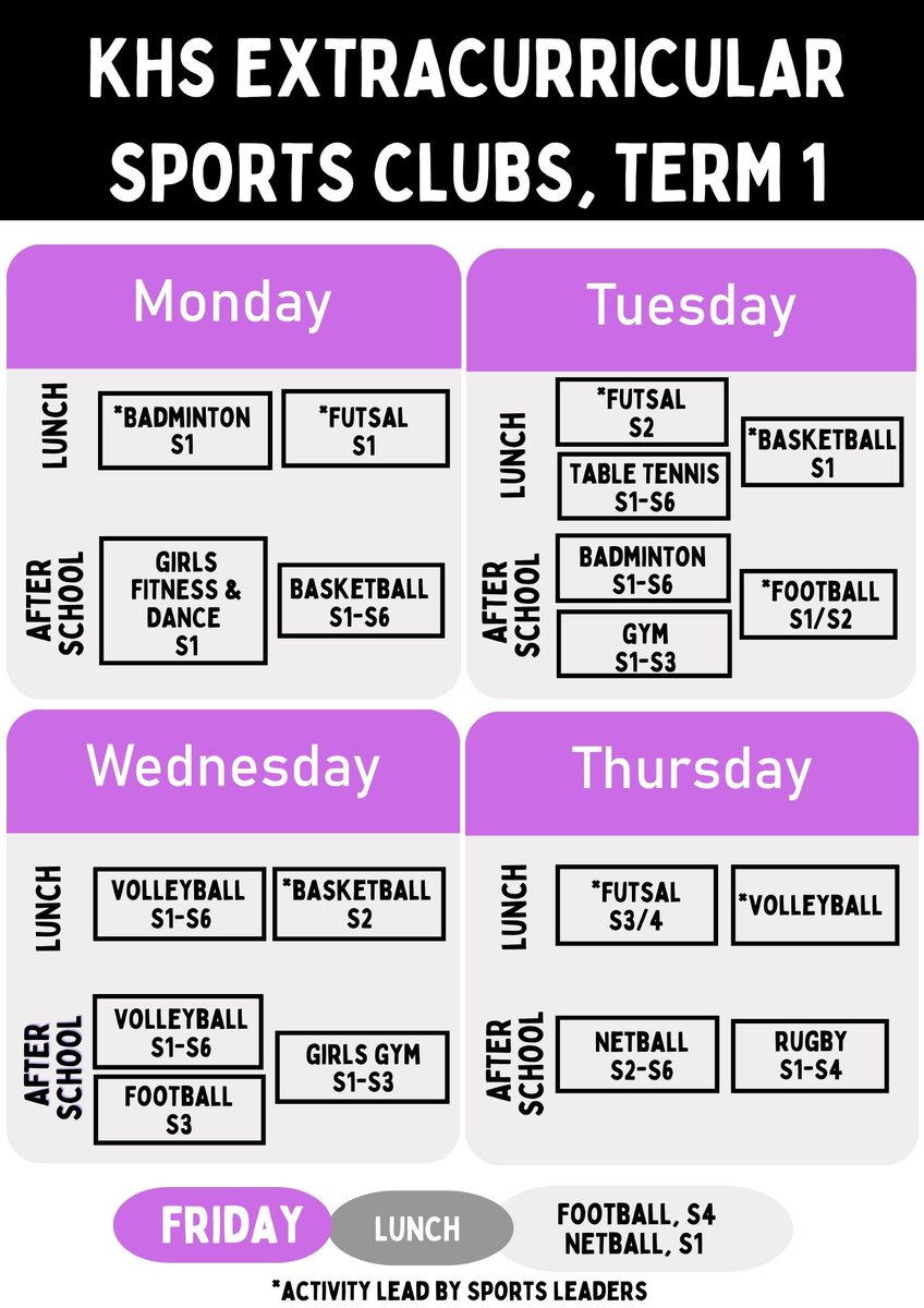 Kinross High Sports Clubs |

A big choice of activities to give our young people <a href="/KinrossHS/">Kinross High School</a> opportunities to: 
✔️Take part in sport - all abilities welcome 
✔️Improve their health and well-being 
✔️Make new friends 
Pupils can simply go along to the session and join in.