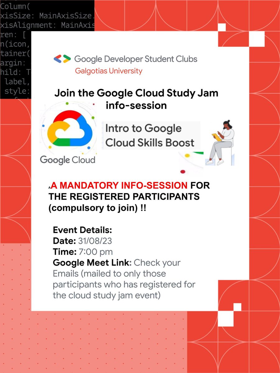GDSC_GU's tweet photo. Attention all registered participants!

Join us for the Google Cloud Study Jam Info Session – an unmissable event that's compulsory for all registered participants. 

🗓️ Date: 31/08/2023
⏰ Time: 7:00 pm
📍 Meeting Link : Check your Emails (mailed to only registered participants) https://t.co/s2VSbCXHrI