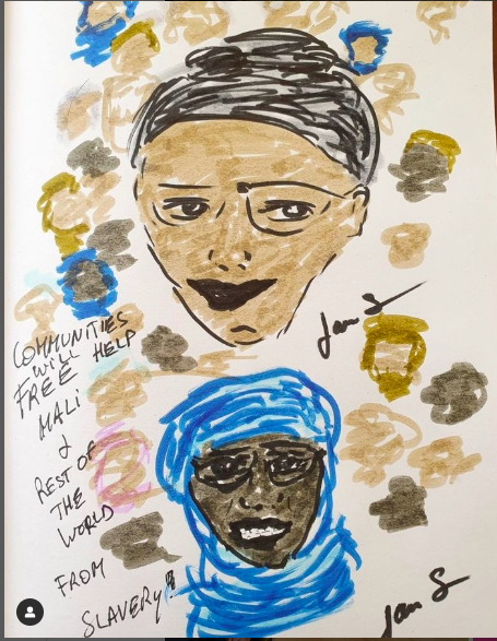 "Slavery in Mali started with women and will be ended by women". During a (hybrid) Learn Visit at Temedt Mali 
The Constellation is facilitating the Link and Learn process between <a href="/voicetweetz/">Voice</a>  multi-country grantees. Art by <a href="/JanJsomers/">Jan Somers</a>