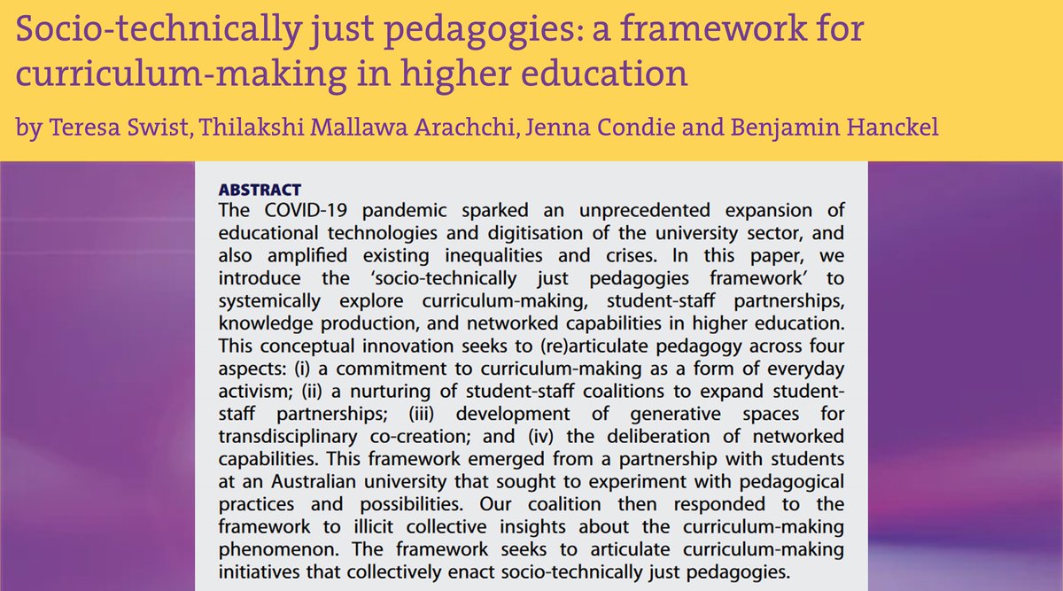 🟨#NewPublication in #LMT🟪 In their paper @teresaswist, @thilakshi_m, @jennacondie & @benhanckel introduce a #framework for curriculum-makers to critically reflect upon their commitments, coalitions, co-creation, and capabilities. Read more: doi.org/10.1080/174398…