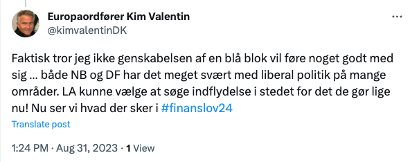 "Faktisk tror jeg ikke genskabelsen af en blå blok vil føre noget godt med sig"
Det er da noget af et statement fra en ordfører fra <a href="/venstredk/">Venstre</a> 

Hvad synes @Madskorsholm1, <a href="/AlexVanopslagh/">Alex Vanopslagh</a> <a href="/LiberalAlliance/">Liberal Alliance</a> 🤔
