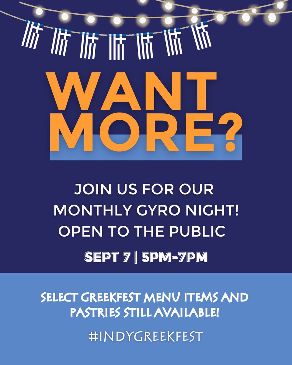 IndyGreekFest's tweet photo. Still thinking about everything you ate at #IndyGreekFest? Want more Greek food? 🇬🇷

Join us for our monthly Gyro Nights, hosted every first Thursday of the month.

We have select menu items from GreekFest available. Including some of your favorite pastries! Join us! 🥙 https://t.co/REWpEnRGII