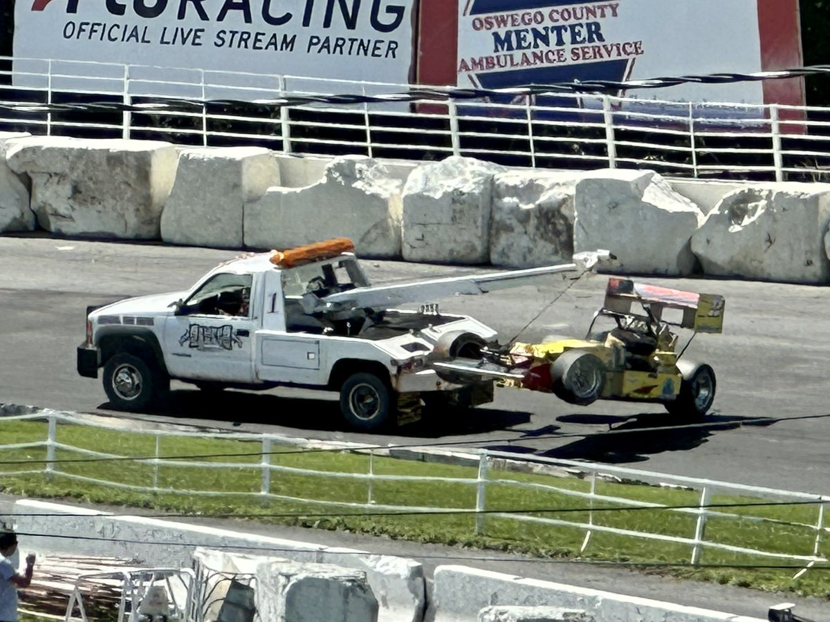 OswegoSpeedway's tweet photo. Just as Mike McVetta turned his fastest lap of the day at 16.18, it appeared something broke in the rear end of the No. 22 and the car just barely kissed the turn 2 foam. Unclear the extent of the damage right now. #SteelPalace #BudClassicWeek67 https://t.co/Ru57FnswZM