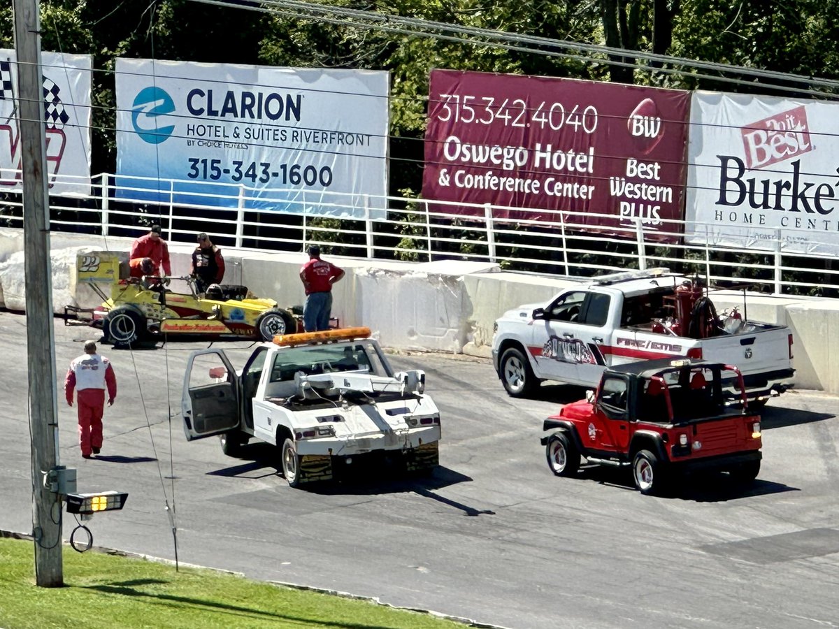 OswegoSpeedway's tweet photo. Just as Mike McVetta turned his fastest lap of the day at 16.18, it appeared something broke in the rear end of the No. 22 and the car just barely kissed the turn 2 foam. Unclear the extent of the damage right now. #SteelPalace #BudClassicWeek67 https://t.co/Ru57FnswZM