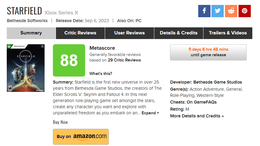 StarfieldNews's tweet photo. #Starfield's metascore is sitting at 88! @metacritic https://t.co/ZSfp9NmOtr