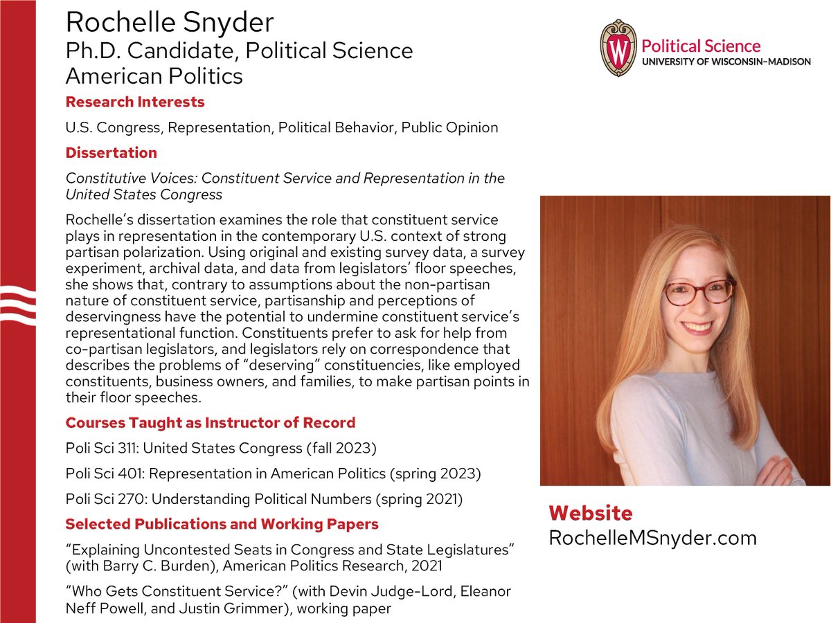 Over the next few weeks we will be featuring our fantastic graduate students on the job market! Today we are featuring Ph.D. Candidate Rochelle Snyder: rochellemsnyder.com. You can find all of our job market candidates on our website: polisci.wisc.edu/job-market-can…