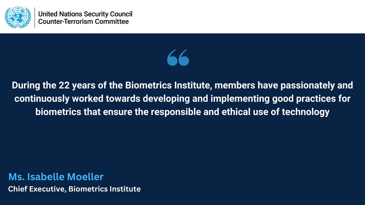 UN_CTED's tweet photo. In @UN #CTC open briefing on #CTBorderSecurity, Ms. Isabelle Moeller @BiometricsInst notes the importance of the ethical use of technology in relation to #BorderControl and #CTBorderSecurity https://t.co/chAwr3iYLz