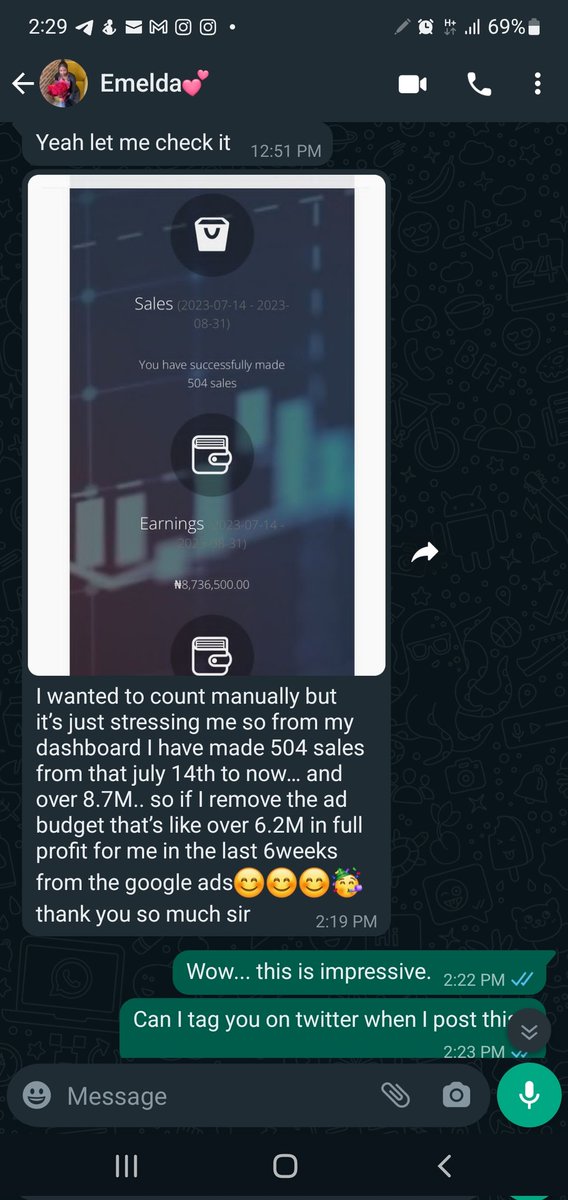 ademiluyi_ade's tweet photo. Who else wants to do 500+ Sales Within the next 45 days with N6.2 Million Profit?

This is the case of @Emelda__Chisom who joined my youtube ads for affiliate marketer in July and has gone ahead to build over 14,500 leads. 

I repeat... 

14,500 total leads. 

As you can see from the screenshot below including her @expertnaire snapshot she sent to me. 

A total of N8.7 million was done with an ads spend on youtube of about N2.5 Million

Leaving her with a profit of N6.2 Millions. 

All strictly from youtube ads. 

Am super proud and happy with this result because this is just another proof to let you know that using youtube ads to generate leads for your affiliate offers and even business will never go to waste. 

That said. 

I celebrate her and I look forward to how the next 45 days will be for her business as she continues to scale her leads in her business. 

If you are looking to launch your own youtube ads for your affiliate marketing business. 

You can also check out my youtube ads for affiliate marketing program here at https://t.co/6YdRVD2xMl

To all other affiliate currently in my program. Don't forget to share your result with me so I know you are getting awesome result in your business. 

It's your result that let's me know creating this program is very well worth it. 

I remain the prof.