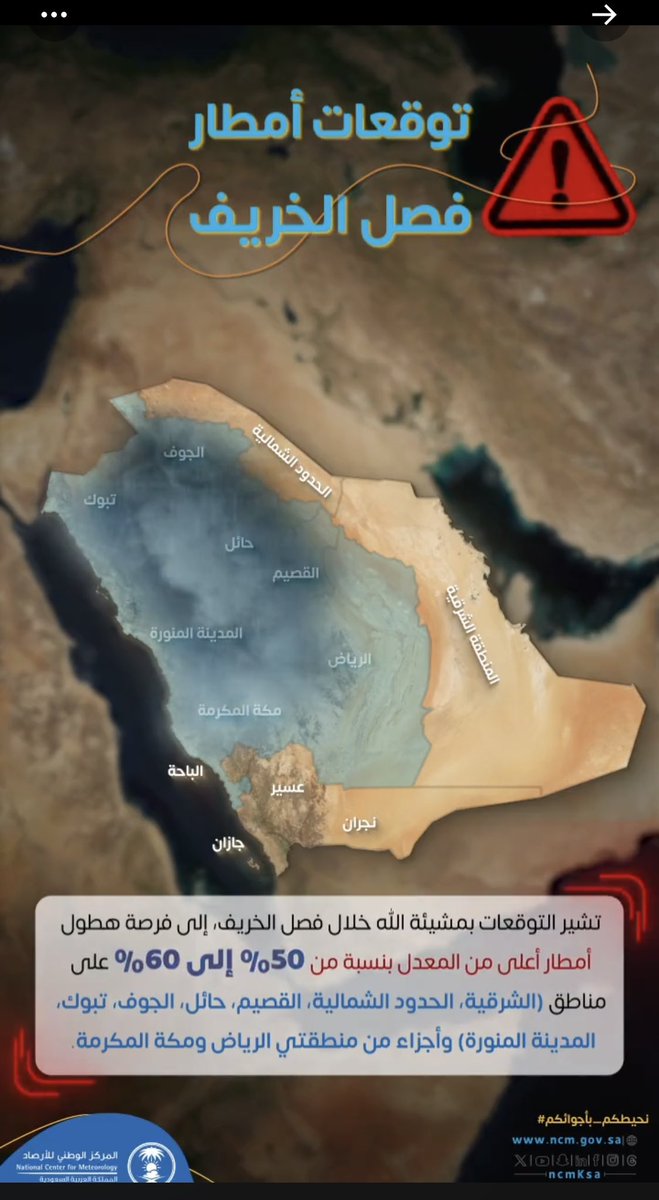 UloomAlmtar's tweet photo. الأرصاد تتوقع هطول #أمطار أعلى من المعدل بنسبة 50% إلى 60% خلال فصل الخريف على عدد من مناطق المملكة:
- الشرقية
- الحدود الشمالية
- القصيم
- حائل 
- الجوف
- تبوك
- المدينة المنورة 
- أجزاء من منطقتي الرياض ومكة المكرمة. https://t.co/iabIcrX6F7
