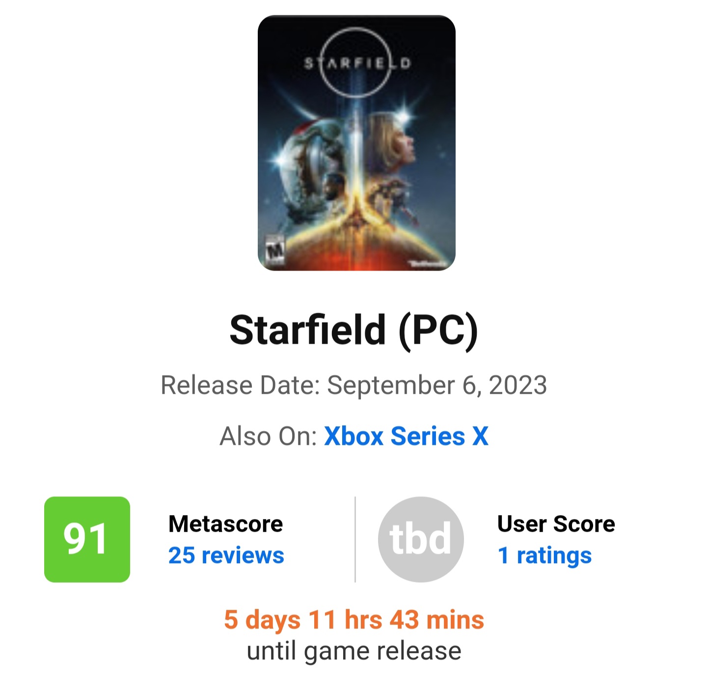 The Starfield Metacritic scores are in, and it's looking very good