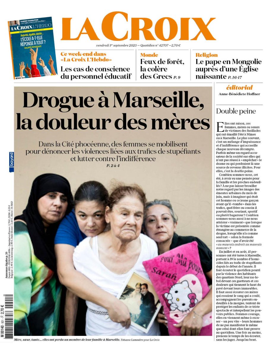 #ÀLaUne de La Croix :

➡️ Drogue à Marseille, la douleur des mères
➡️ Feux de forêt, la colère des Grecs
➡️ Le pape en Mongolie auprès d’une Église naissante