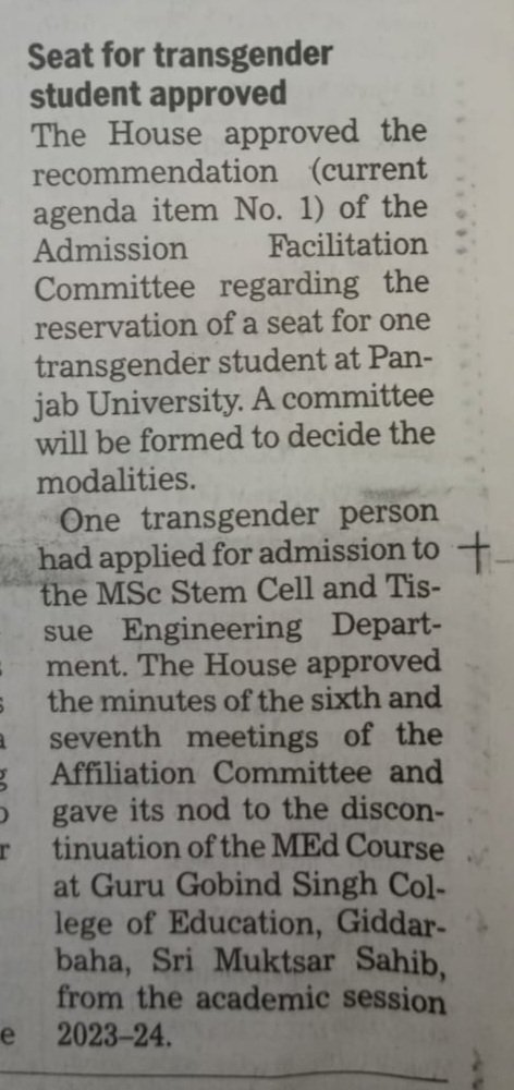 Syndicate of Panjab University Chandigarh approved recommendation of one seat reservation in every Department in campus for Transgender students. We were rasing this issue since many years and finally we got it.
<a href="/narendramodi/">Narendra Modi</a>
<a href="/VPIndia/">Vice-President of India</a> <a href="/OfficialPU/">Panjab University, Chandigarh</a> <a href="/MCChandigarh/">Municipal Corporation Chandigarh</a> <a href="/chandigarh_admn/">Chandigarh Admn</a>