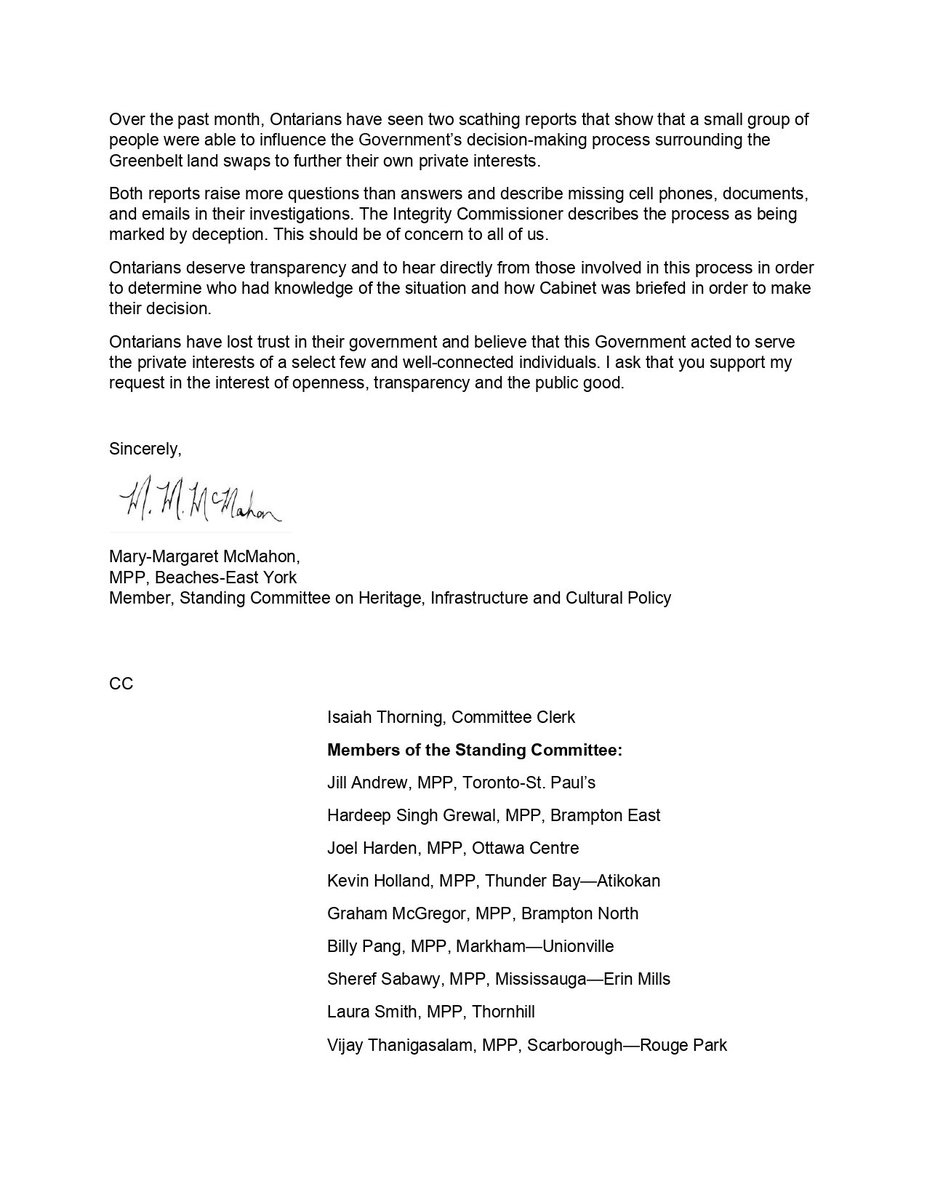 My @OntLiberal colleague @marymargaretbey has written to the Standing Committee on Heritage, Infrastructure and Cultural Policy to meet next week and question those involved. Ontarians deserve to see exactly who knew what about this $8.3 Billion dollar backroom deal.