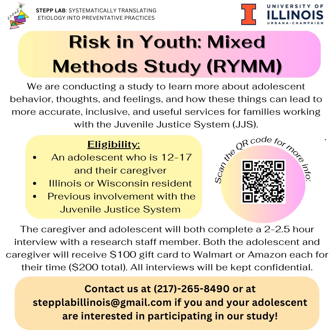 LabStepp's tweet photo. Do you know an adolescent (12-17) in Illinois or Wisconsin with previous involvement with the Juvenile Justice System? They are eligible to participate in our Risk in Youth: Mixed Methods Study. More details in the post below:

#Illinois #Wisconsin #research #juvenilejustice https://t.co/m76o2Rc97g