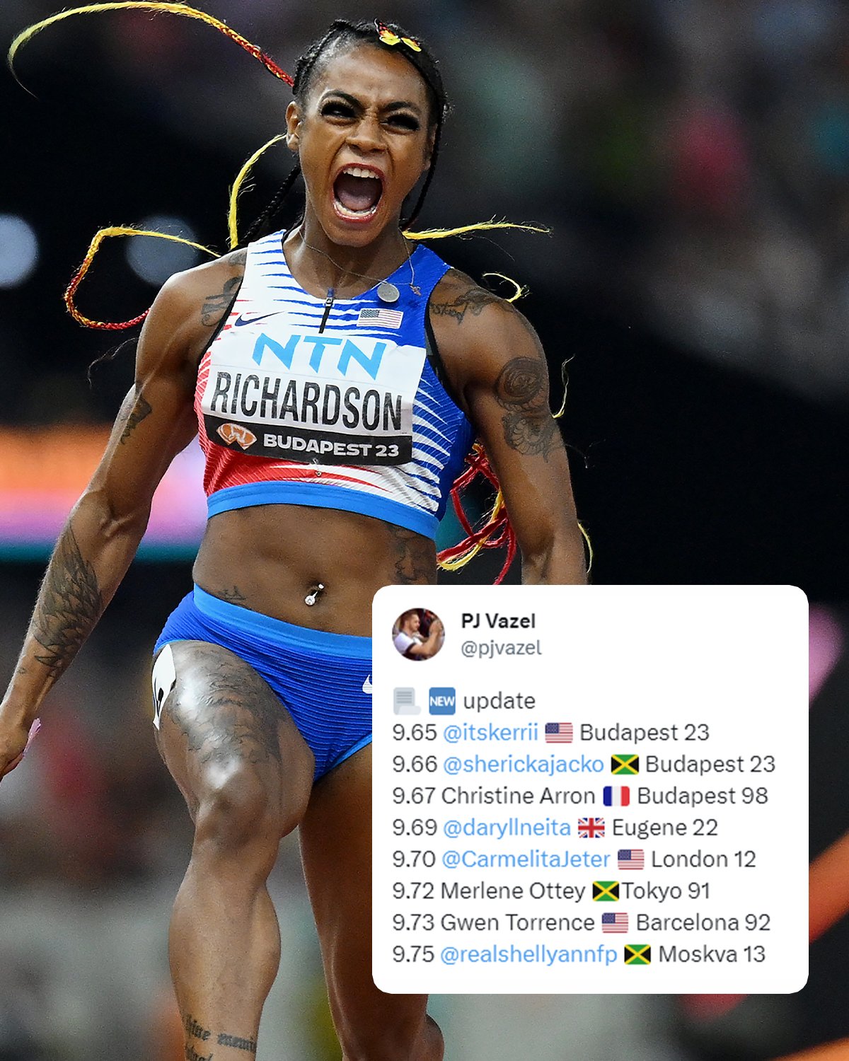 LSU Track & Field on X: According to @pjvazel, Sha'Carri clocked the  fastest anchor leg ever with a 𝟵.𝟲𝟱 𝘀𝗽𝗹𝗶𝘁 in Budapest 😶🔥  #GeauxTigers x @itskerrii  / X