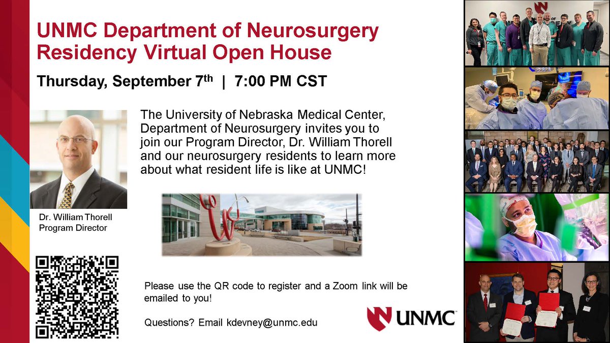 UNMC_NeuroSurg's tweet photo. Don't forget to register and join us next Thursday, September 7th from 7-8PM CST for our #neurosurgery virtual open house!  Meet our residents &amp; Program Director and learn more about resident life in Nebraska!  Use the QR code register! @unmc @UNMCCOM
@SNS_Neurosurg #MedTwitter https://t.co/4vlm54gYZE
