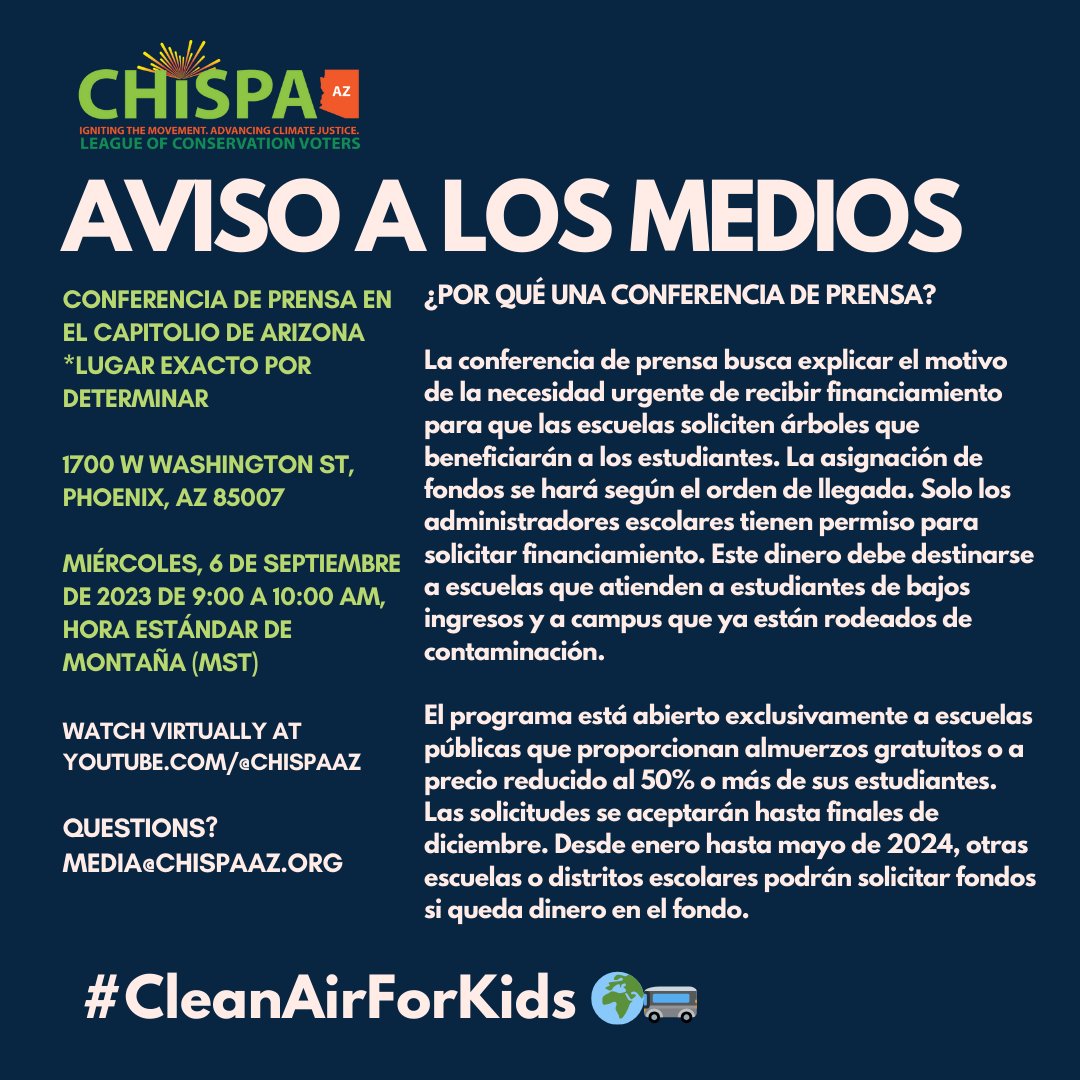 ChispaAZ's tweet image. ⚡️ Media Advisory Alert ⚡️ Trees for Kids funding ($300,000) is rolling out and the application for schools is on a first come, first serve basis. Join us at the press conference in person or online on Wed, Sept 6 at 9 a.m. at the Capitol. Q&apos;s? Email media@chispaaz.org