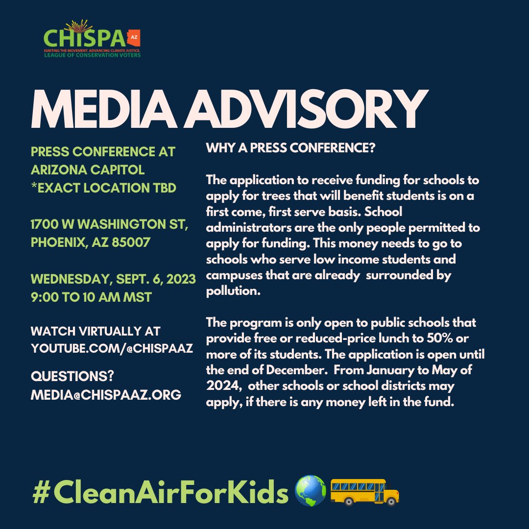 ChispaAZ's tweet image. ⚡️ Media Advisory Alert ⚡️ Trees for Kids funding ($300,000) is rolling out and the application for schools is on a first come, first serve basis. Join us at the press conference in person or online on Wed, Sept 6 at 9 a.m. at the Capitol. Q&apos;s? Email media@chispaaz.org