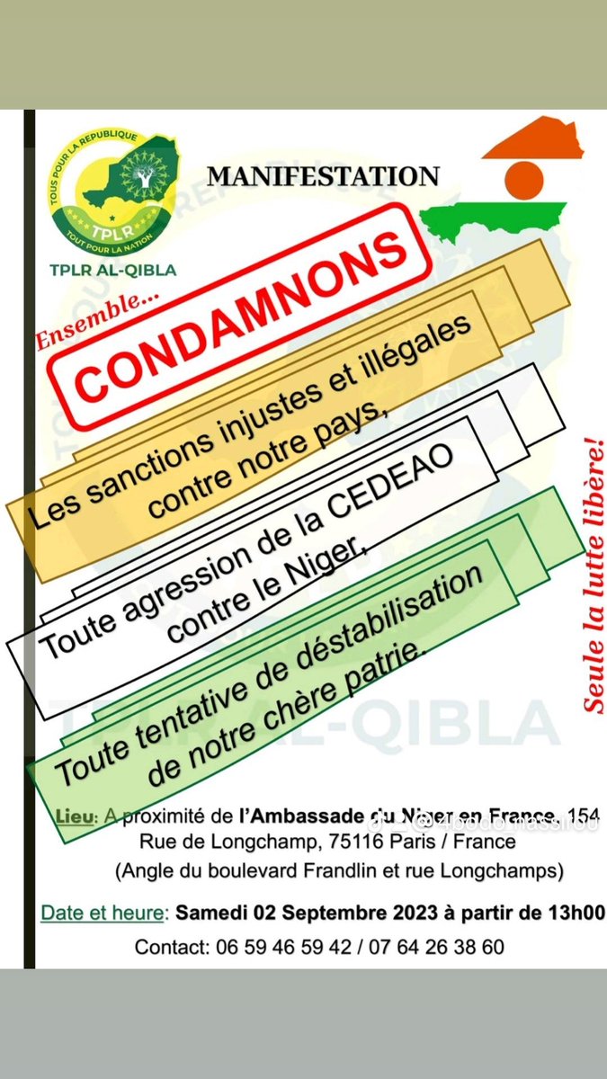 4Bodo's tweet photo. #Souveraineté
Manifestation du mouvement Tous Pour La République avec la diaspora nigérienne en France pour affirmer la souveraineté de l'État du #Niger. Ce serait ce samedi 02 septembre à proximité de l'ambassade du Niger en France. #NB https://t.co/XgBGaI6dwY