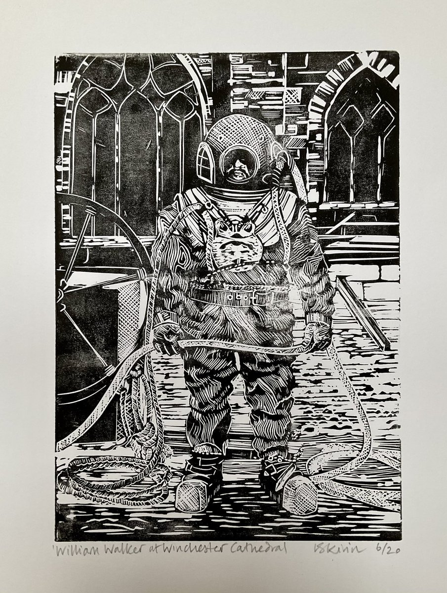 LornaKirin's tweet photo. My linocut of William Walker, the diver who saved Winchester Cathedral from collapse is now available at @bellfineart #winchestercathedral #williamwalker https://t.co/yC9LGerZJv