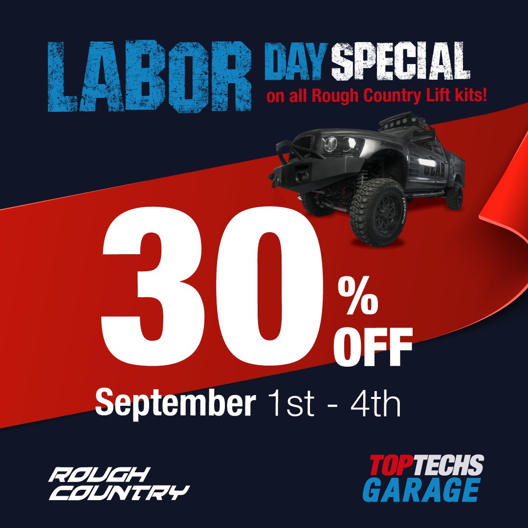 Toptechsgarage's tweet image. Hurry up and snatch our amazing 𝗟𝗮𝗯𝗼𝗿 𝗗𝗮𝘆 𝘀𝗽𝗲𝗰𝗶𝗮𝗹!
30% OFF on all Rough Country lift kits from September 1-4 at any of our 3 locations.

#LaborDaySpecial #LaborDay #TopQualityService #TrustedShop #Automotive #Automechanic #ElPaso #GeneralMaintenance #TopTechsGarage