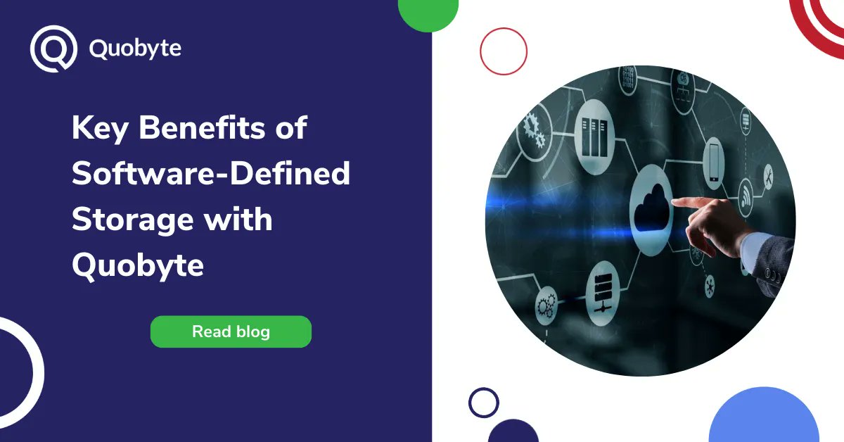 Quobyte's tweet image. Take a look at the biggest benefits of software-defined storage—from seamless scaling to better performance plus smarter data protection. Discover how Quobyte's SDS solution can change how you store and manage your data. buff.ly/45RRjNs #sds #softwaredefinedstorage