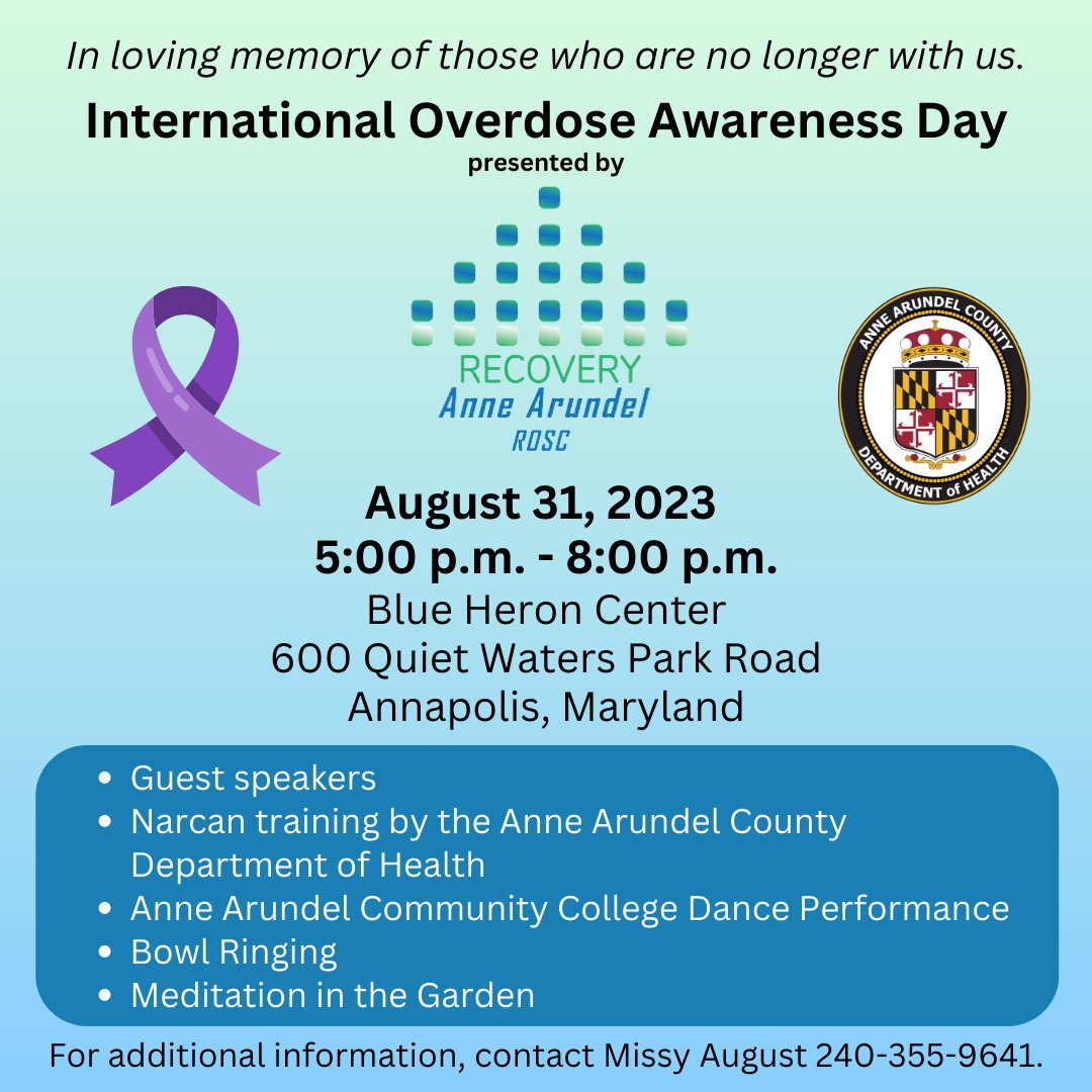 AAC_Recovery's tweet photo. TONIGHT, in honor of International #OverdoseAwareness Day, join others to remember those who have died from #overdose &amp; acknowledge the grief of those left behind. Recovery Anne Arundel’s #IOAD Event begins at 5 p.m. at the Blue Heron Center in Quiet Waters Park in #Annapolis. https://t.co/4NBgBMhKlG