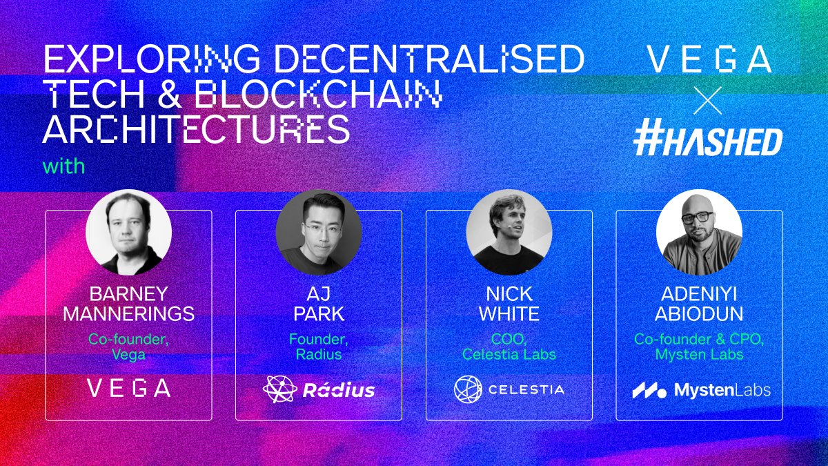 vegaprotocol's tweet photo. KBW is getting closer 🇰🇷

We’re excited to chat about interoperability, app chains, modular/monolithic blockchains &amp; more at @hashed_official HQ!

Join the conversation with:

🎙️ @barnabee, Vega
🎙️ AJ Park, @radius_xyz
🎙️ @nickwh8te, @CelestiaOrg
🎙️ @EmanAbio, @Mysten_Labs https://t.co/pvM1VrSHXO