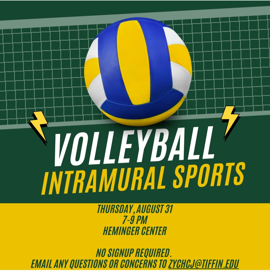 Join Club and Rec Sports for Volleyball in the Heminger Center tonight from 7-9 pm. No need to sign up, just show up ready to have some fun.