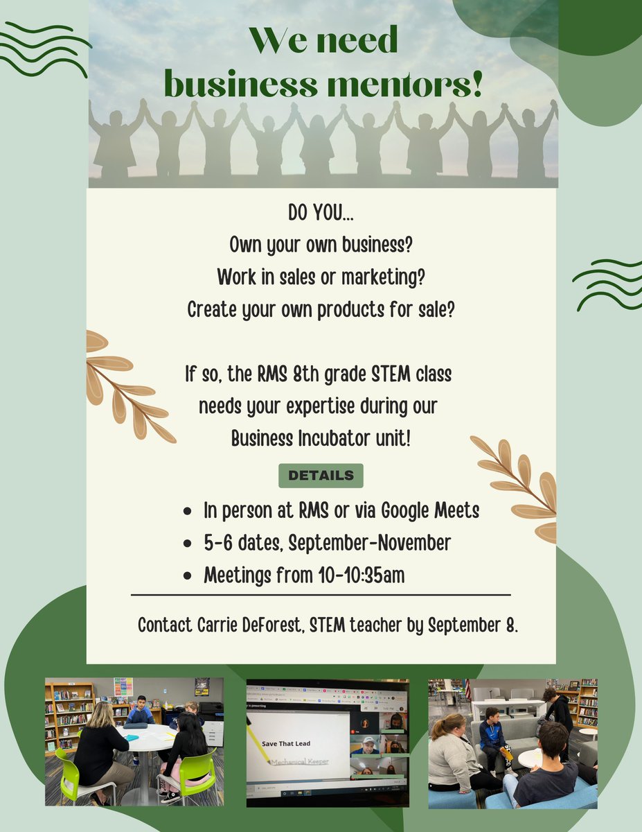 Roselle Community - Our Business Incubator students are looking for mentors as a part of their startup process.  If interested please reach out to Mrs. DeForest #ProudToBeD12