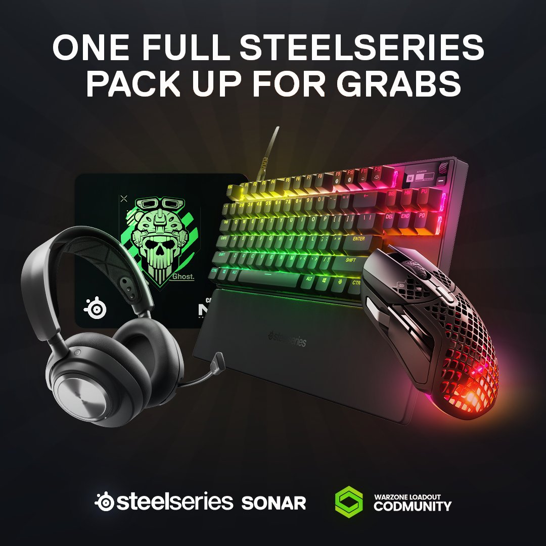 🎁 GIVEAWAY - SteelSeries full pack🎁

Partnering with <a href="/SteelSeries/">SteelSeries</a> to give away to one lucky winner: 
🎧 Arctis Nova Pro 
⌨️ Apex Pro TKL 2023 
🖱️  Aerox 5 WL
🟩 QCK L CoD Ghost

To enter:
- Go here &amp; follow the steps: gleam.io/ZOeyu/warzone-…
- Retweet this tweet

Good luck!