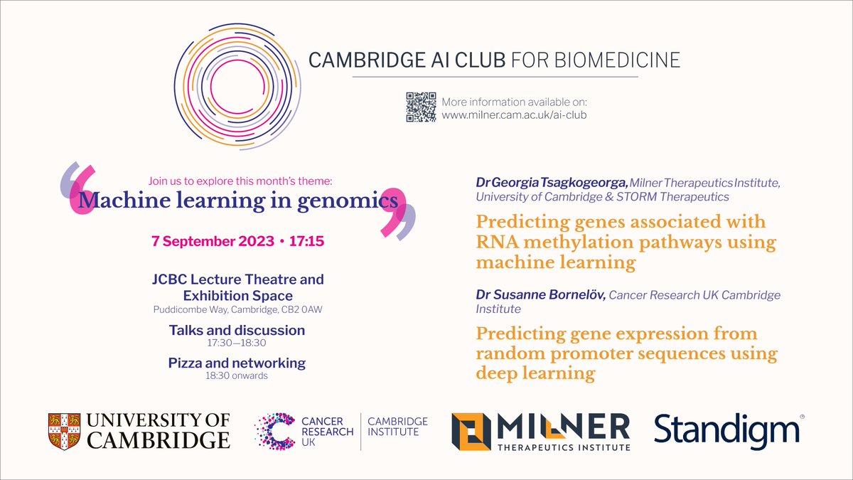 We are back for autumn and the new academic year! Join us next Thursday 7th September for talks and discussion under the theme "Machine Learning in Genomics"

Be there or be🟥 
(and of course, there will be pizza and beer after the talks) 

<a href="/TheMilnerInst/">Milner Therapeutics Institute</a> <a href="/CRUK_CI/">CRUK Cambridge Institute</a> <a href="/standigm/">Standigm</a> 🍻🍕