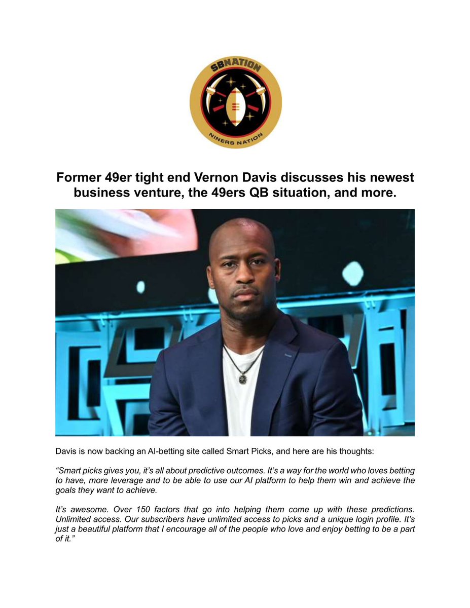 SmartPicks_ai's tweet image. Our @VernonDavis85 recently sat down with @JasonAponte2103 of @NinersNation to discuss Smart Picks, the 49ers QB situation, Trey Lance, and more.

@HenryPenzi @Josh_A_Webber @misetic 

ninersnation.com/2023/8/31/2385…

#smartpicksai #sportsbook #artificialintelligence #sportstech…