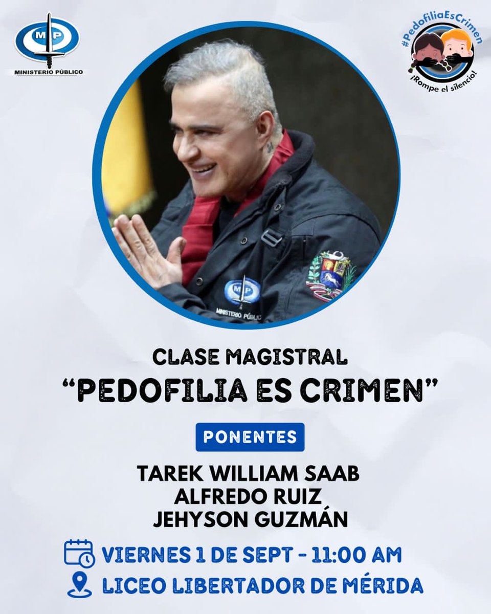 #TRABAJO… el ⁦<a href="/MinpublicoVEN/">Ministerio Público venezolano</a>⁩ la Gobernación de Mérida y la Defensoria del Pueblo realizaremos #mañana #viernes una clase magistral en el Liceo Libertador dirigida a estudiantes profesores y autoridades educ: denominada PEDOFILIA ES CRIMEN, en defensa de nuestros niñ<a href="/s/">『S』</a>.