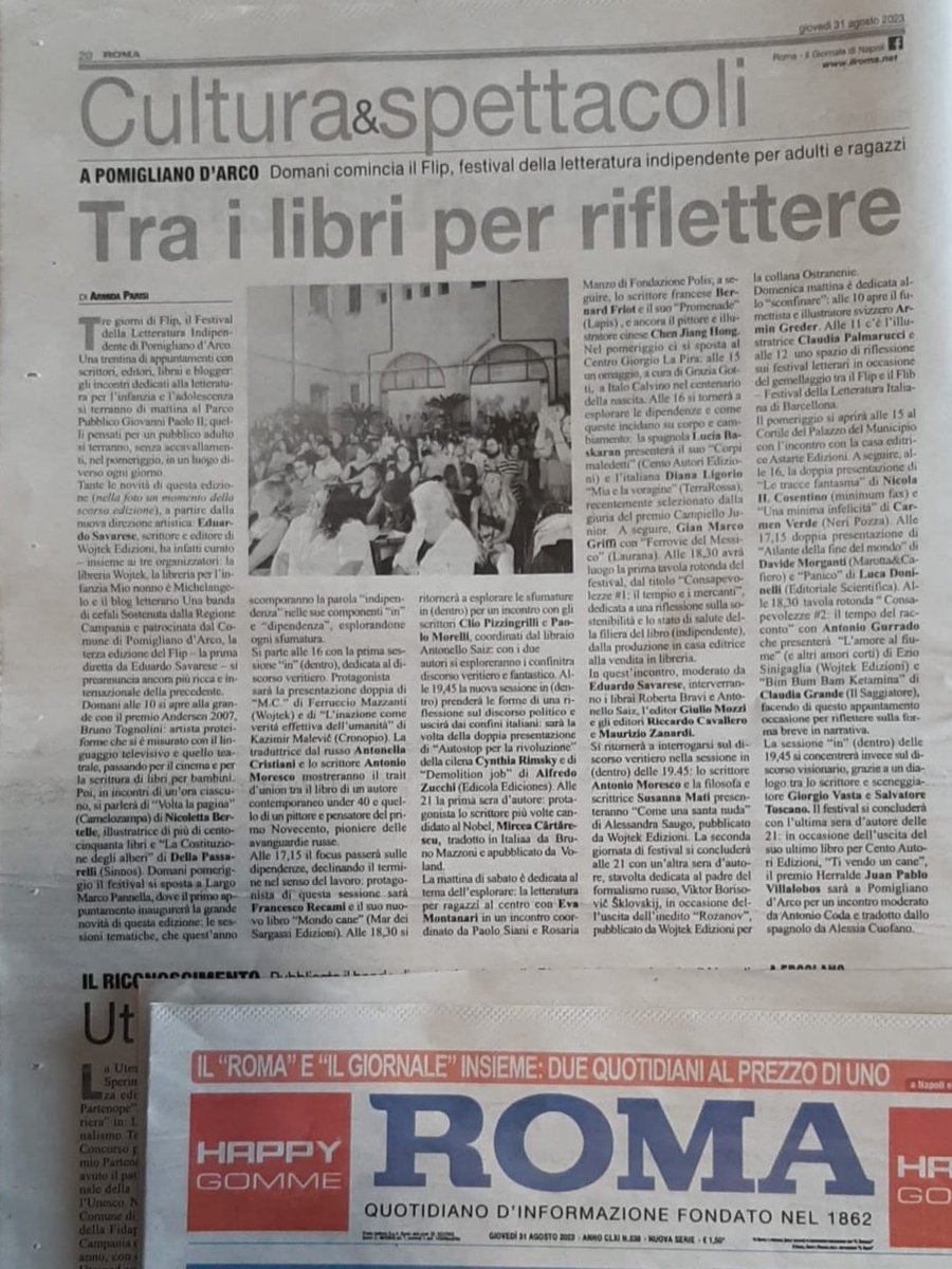 Domani inizia il Flip – Festival della Letteratura Indipendente di Pomigliano d’Arco e oggi se ne parla anche su «Roma»!