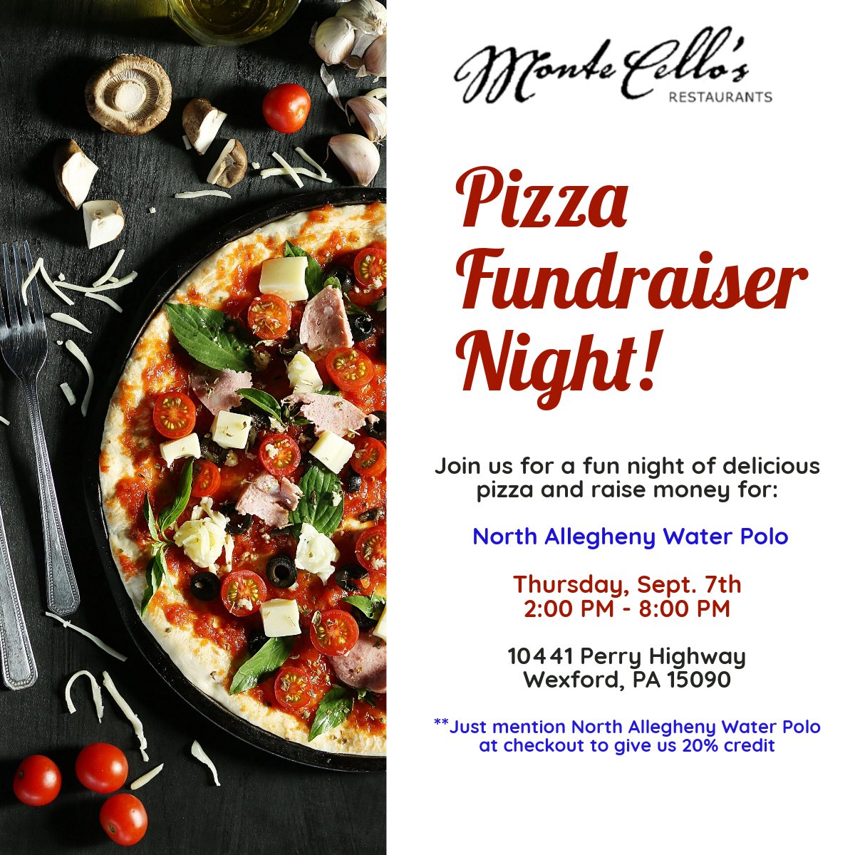 Nothing goes together like 🍕 and 🤽!  Come support the varsity teams on 9/7!