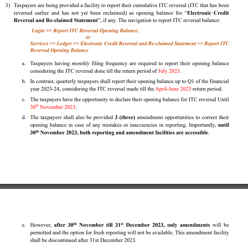 AbhasHalakhandi's tweet photo. Electronic Cred Reversal &amp; Reclaimed Statement🧵

Window for entering Opening Bal. of ITC already reversed till Jul23(M)/Jun23(Q) but RECLAIMABLE,is open till 30thNov 

Opening Bal,once entered can be amended 3 times till 31st Dec

Fresh reporting not available post 30th Nov https://t.co/rhh5xFoEaP