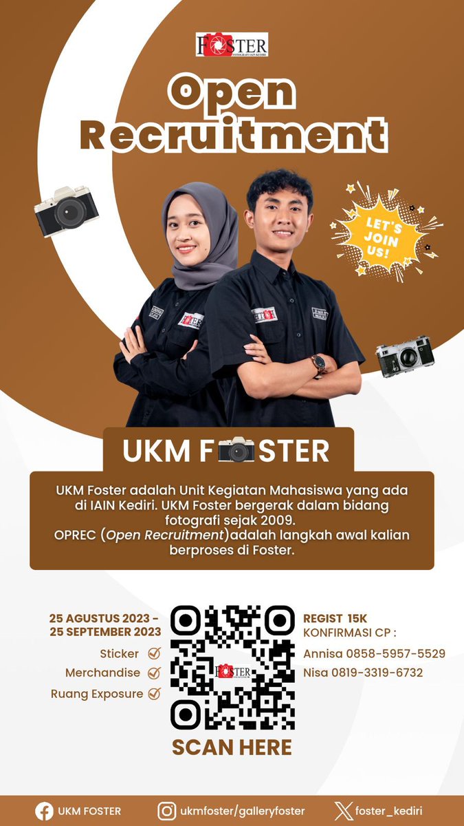 foster_kediri's tweet photo. [Open Recruitment UKM Foster XIV] 

Hai Fosterist!!
Yang ditunggu-tunggu sudah datang nih. Buat kalian yang punya hobi fotografi tunggu apalagi? Let's join us! 

📝Link pendaftaran ada di bio instagram @ukmfoster
More info? Bisa langsung hubungi CP

#OPRECXIV #SemangArt https://t.co/DhzVmORd16