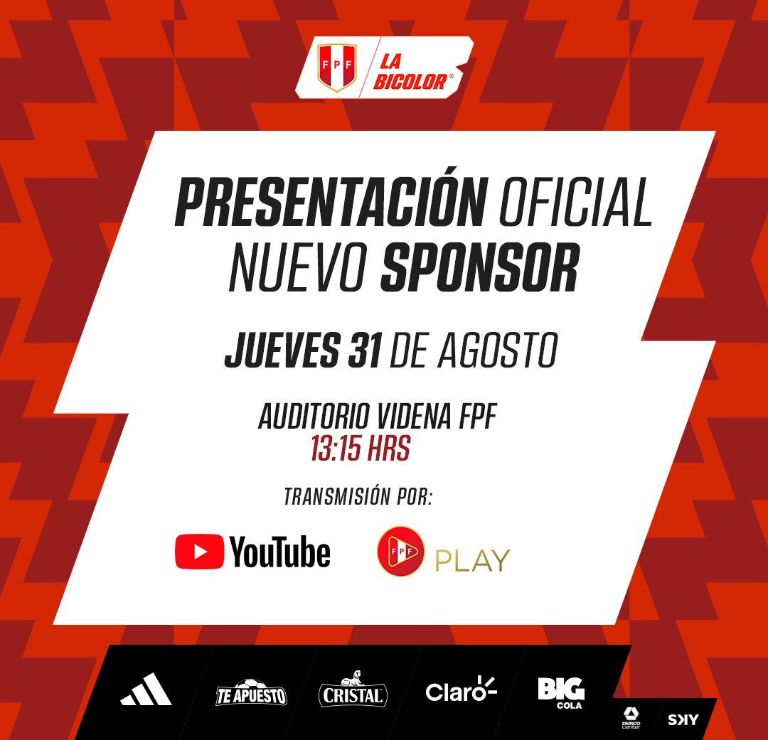 SeleccionPeru's tweet photo. 𝗨𝗻 𝗻𝘂𝗲𝘃𝗼 𝘀𝗽𝗼𝗻𝘀𝗼𝗿 𝘀𝗲 𝘀𝘂𝗺𝗮 𝗮𝗹 𝗲𝗾𝘂𝗶𝗽𝗼 𝗱𝗲 #𝗟𝗮𝗕𝗶𝗰𝗼𝗹𝗼𝗿 🇵🇪
📽️ Sigue la transmisión en vivo por nuestro canal de Youtube y #FPFplay.
#UnSentimientoQueNosUne https://t.co/EinyAb9iwt