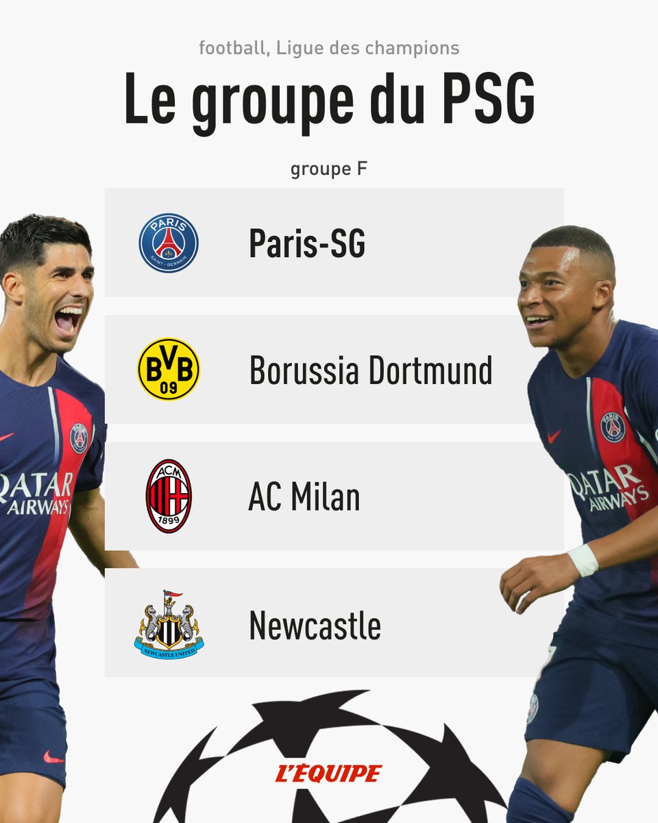 lequipe's tweet photo. Le PSG aura dans son groupe le Borussia Dortmund, l'AC Milan et Newcastle ! https://t.co/wGZ6k0FLrZ #UCLDraw https://t.co/4KKWjSn7se