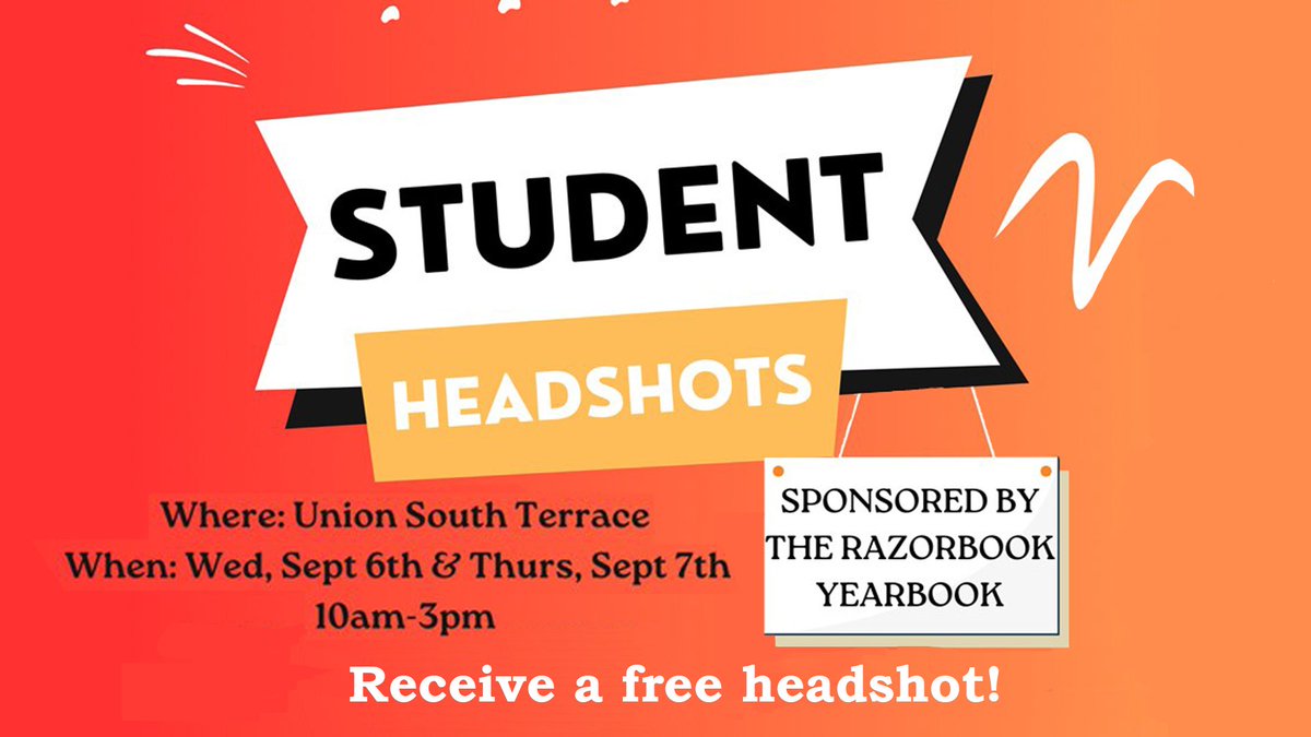 The Razorback Yearbook is offering free headshots for students! Participants will receive a file of their picture and a spot in the 2023-24 yearbook.
From 10 a.m. to 3 p.m. on Wednesday and Thursday, Sept. 6-7, come by the Union South Terrace to take a business headshot. #uark