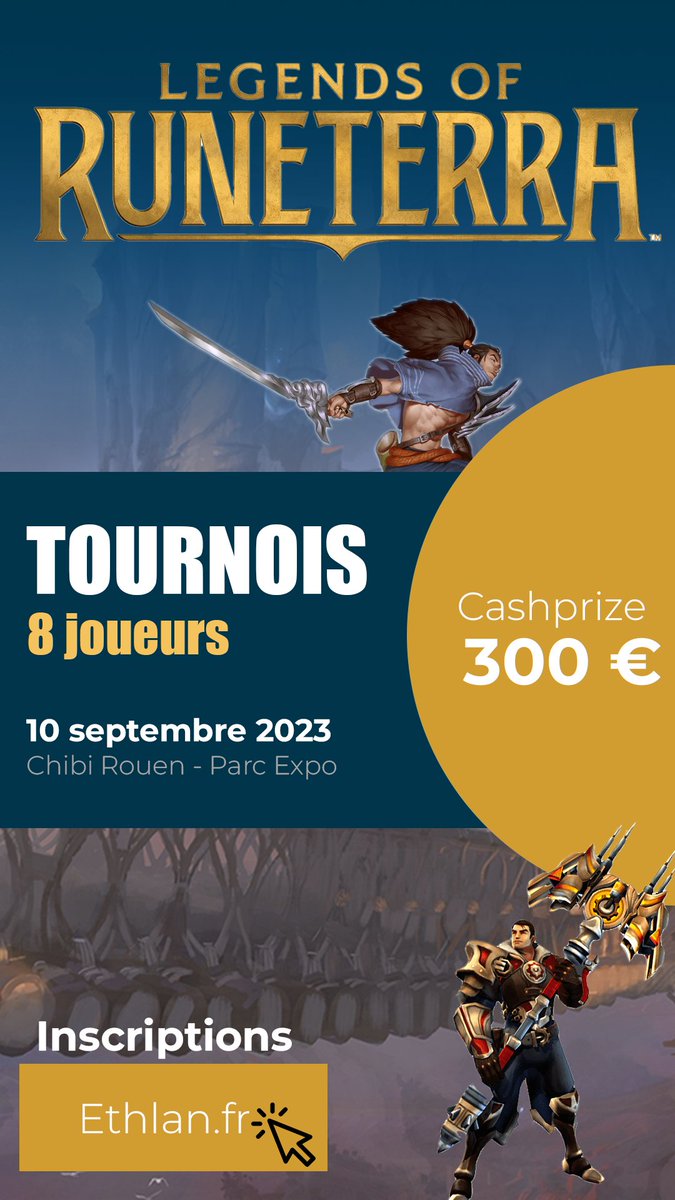 Tournois Legends of Runeterra - 300 euros de Cashprize - Dimanche 10 sept à la Chibi Rouen.

7 slots disponibles 

Inscriptions sur le site d'ethlan