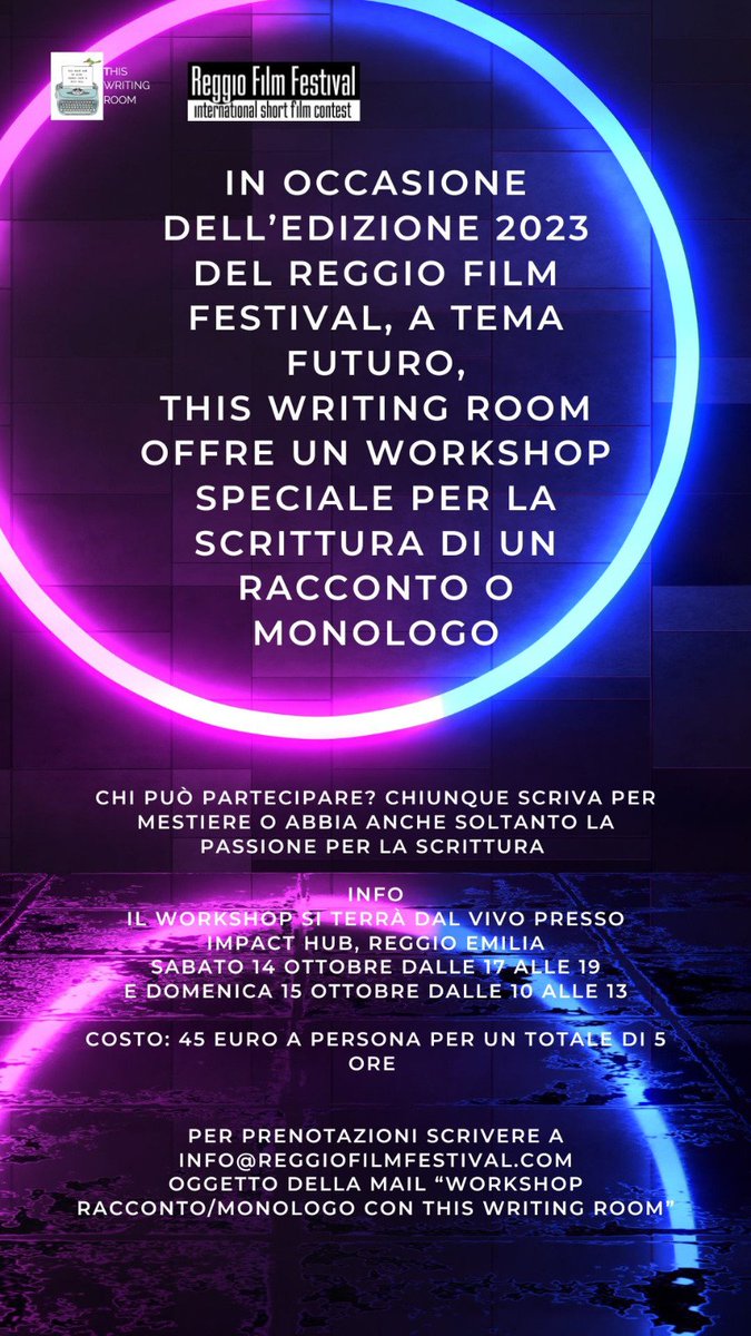 Scrivi per mestiere o anche solo per passione? Con "This Writing Room" puoi partecipare ad un workshop speciale per la scrittura di un racconto o monologo. #ReggioFilmFestival ti invita ad iscriverti! Si terrà sabato 14 e domenica 15 ottobre. Tutte le info in locandina👇