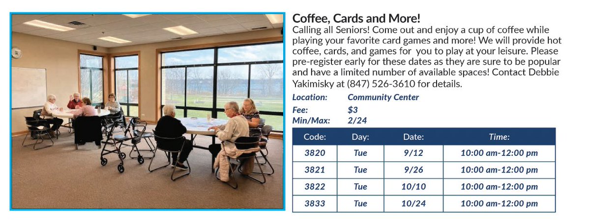 COFFEE, CARDS and MORE! returns on Tuesday, September 12! Everyone is welcome, one time or every time. Register in person at our Community Center front desk or online via our website... waucondaparks.com/programs/activ…