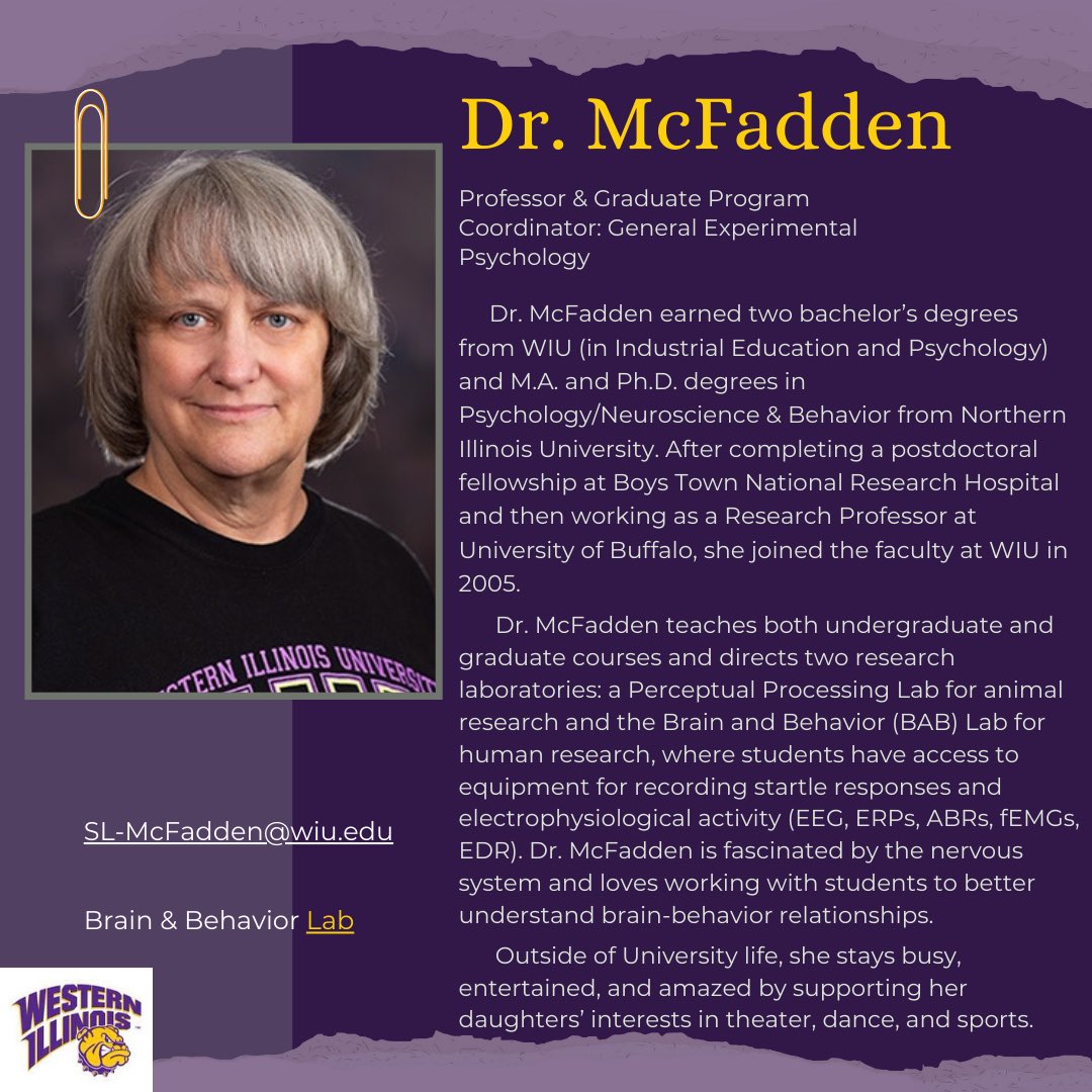 WIU_GenExpPsych's tweet photo. Professor spotlight! Meet Dr. McFadden, one of our research professors here at WIU #wiu #professorspotlight #psychology #psychtwitter https://t.co/btk5JRgS93
