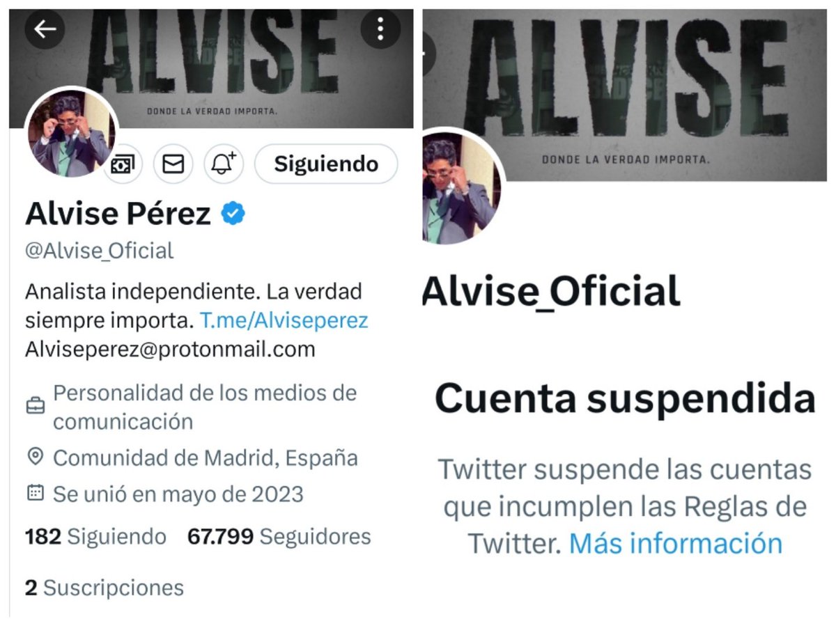 SerenaArmT's tweet photo. #ElonMusk Acaban de suspender la cuenta de Twitter (X) a #AlvisePérez 
"Esta es la realidad que sufre mi país; censura masiva e integral de las estructuras de poder mediático-políticas que someten a nuestro pueblo." Alvise Pérez https://t.co/n48TQjB5Fh